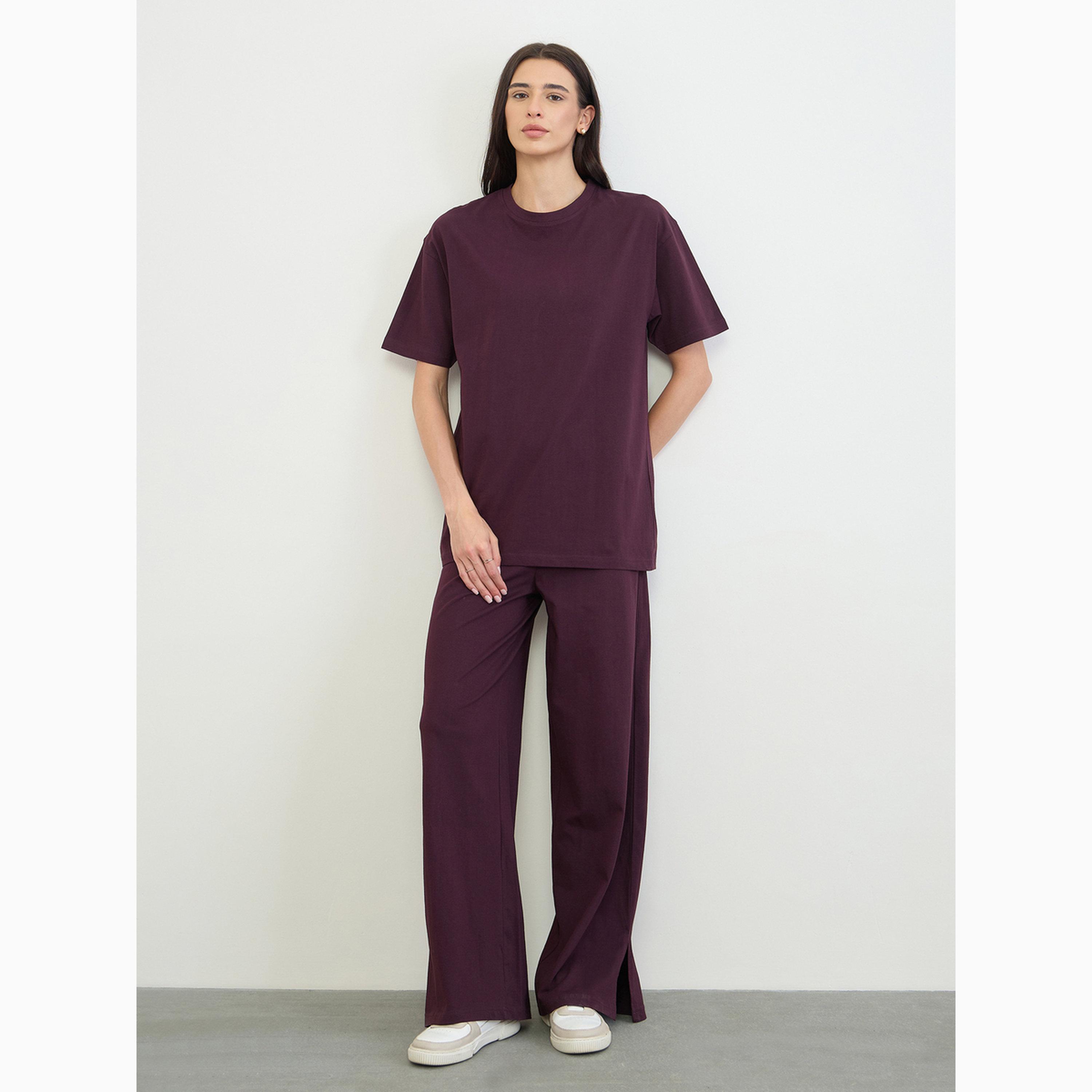 Styli Purple Solid T-Shirt and Bootcut Pants Co-Ords-women-clothing-coordsets-image-3