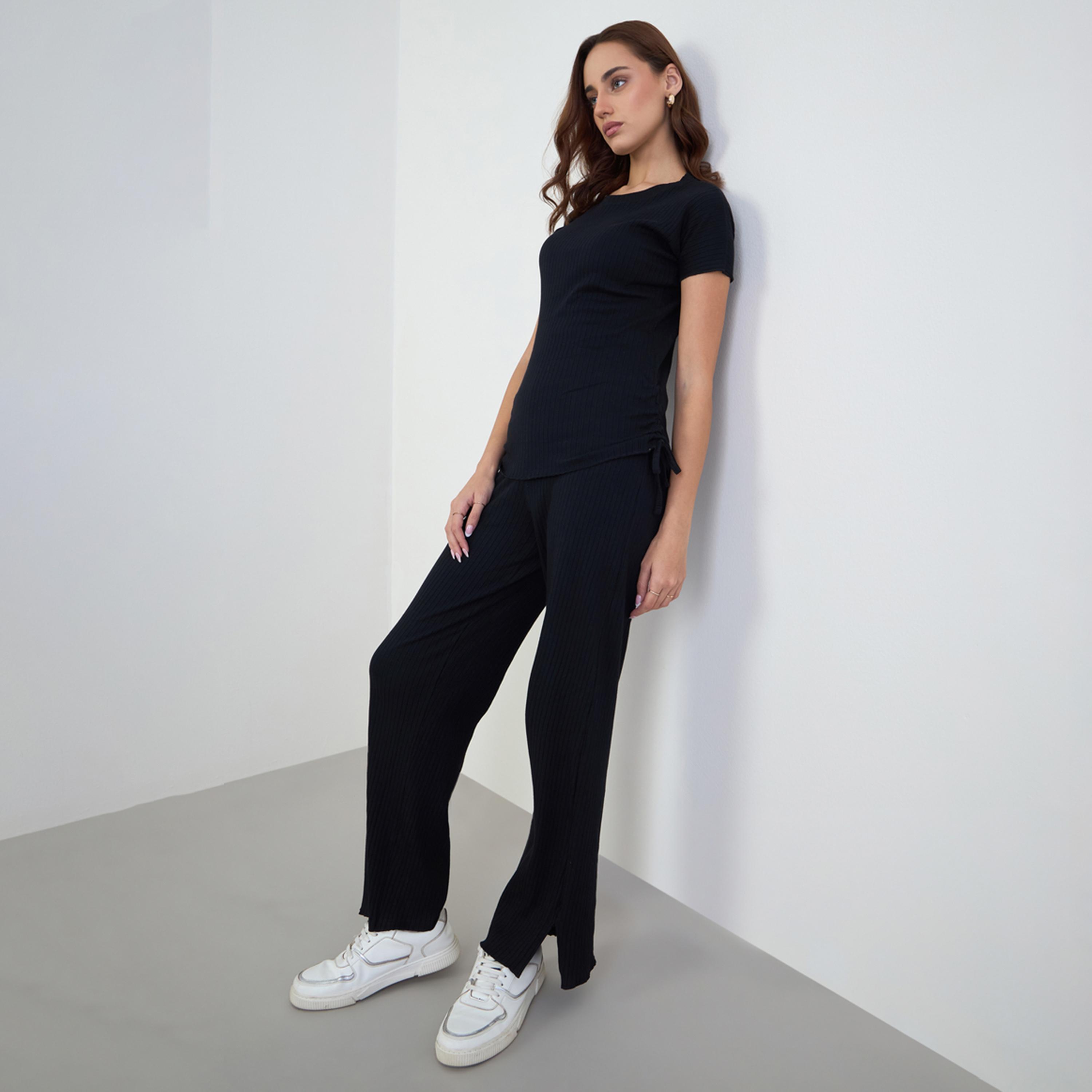 Styli Wide Rib Ruched T-Shirt and Joggers Co-Ords-women-clothing-coordsets-image-1