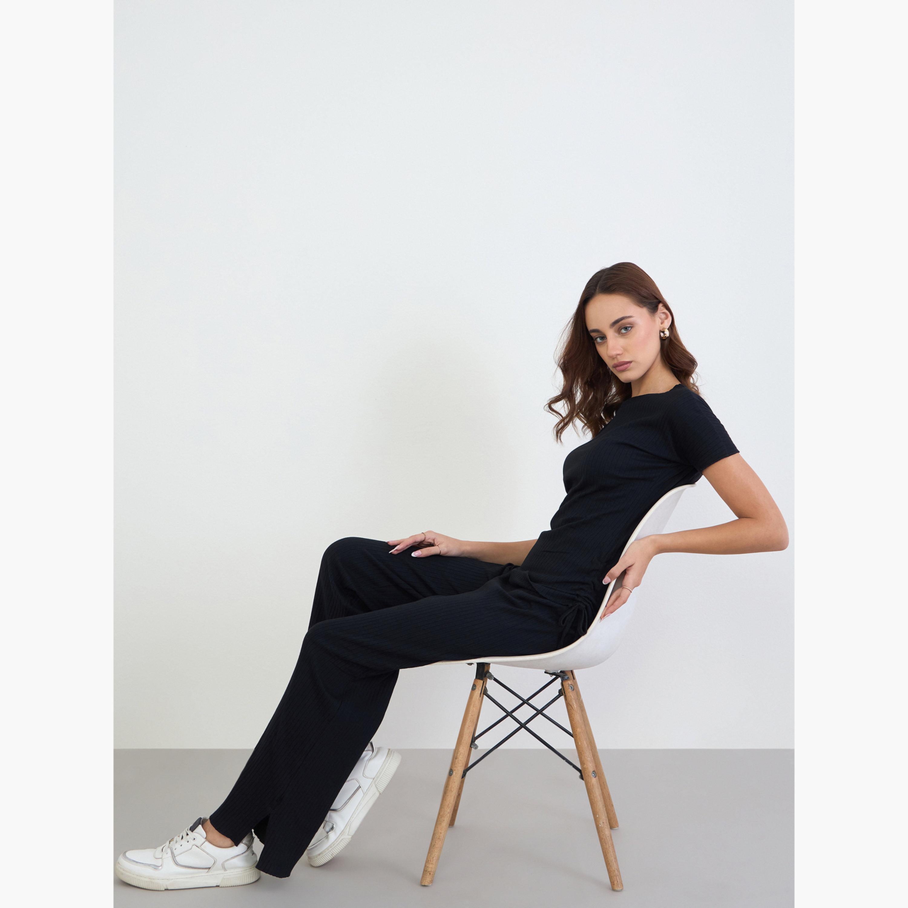 Styli Wide Rib Ruched T-Shirt and Joggers Co-Ords-women-clothing-coordsets-image-2