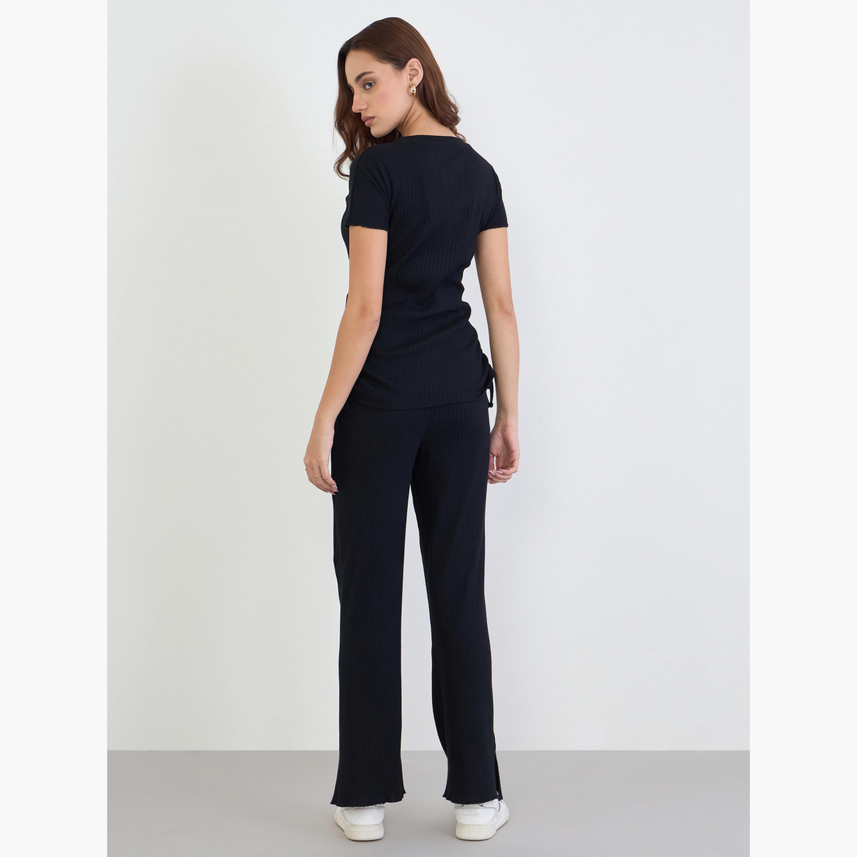 Styli Wide Rib Ruched T-Shirt and Joggers Co-Ords-women-clothing-coordsets-image-4