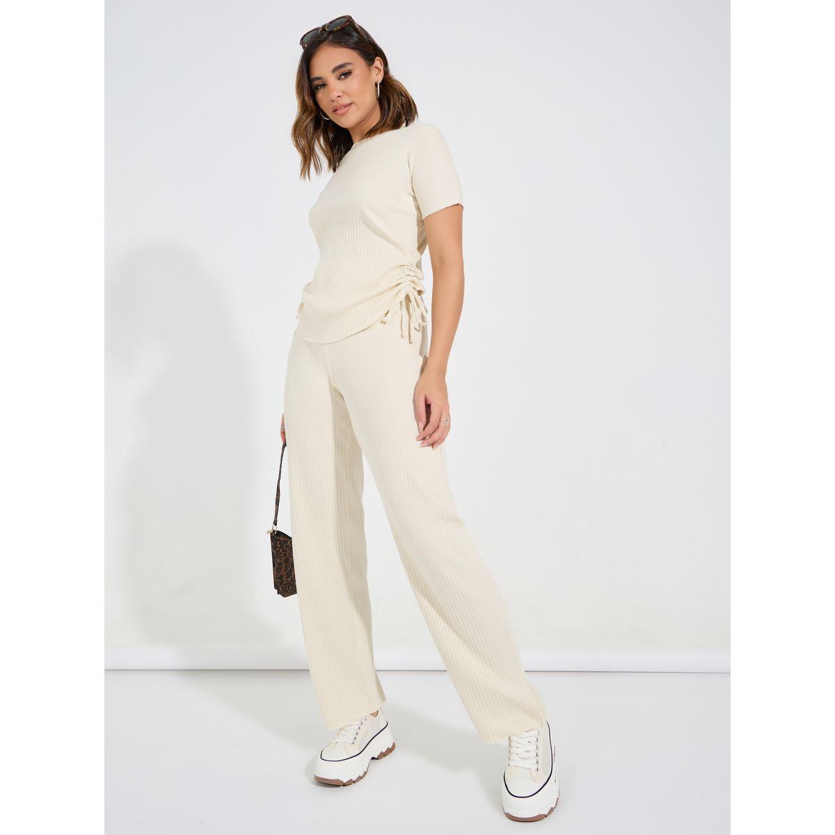 جوغر بارجل مستقيمة مع تيشيرت بتفاصيل مزمومة-women-clothing-coordsets-image-1