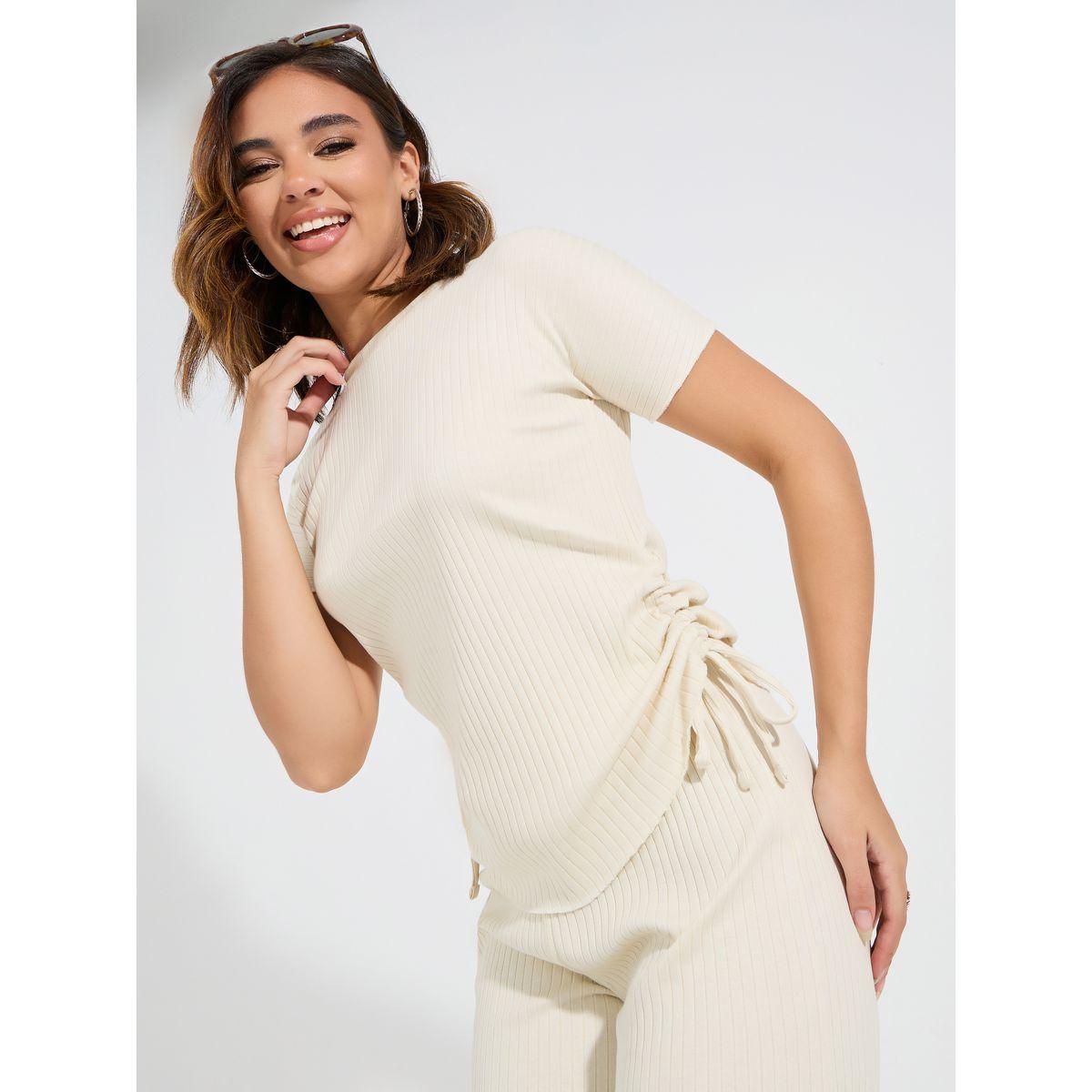 جوغر بارجل مستقيمة مع تيشيرت بتفاصيل مزمومة-women-clothing-coordsets-image-2
