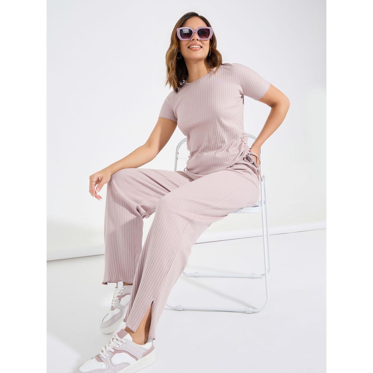 جوغر بارجل واسعة مع تيشيرت بتفاصيل مزمومة-women-clothing-coordsets-image-1