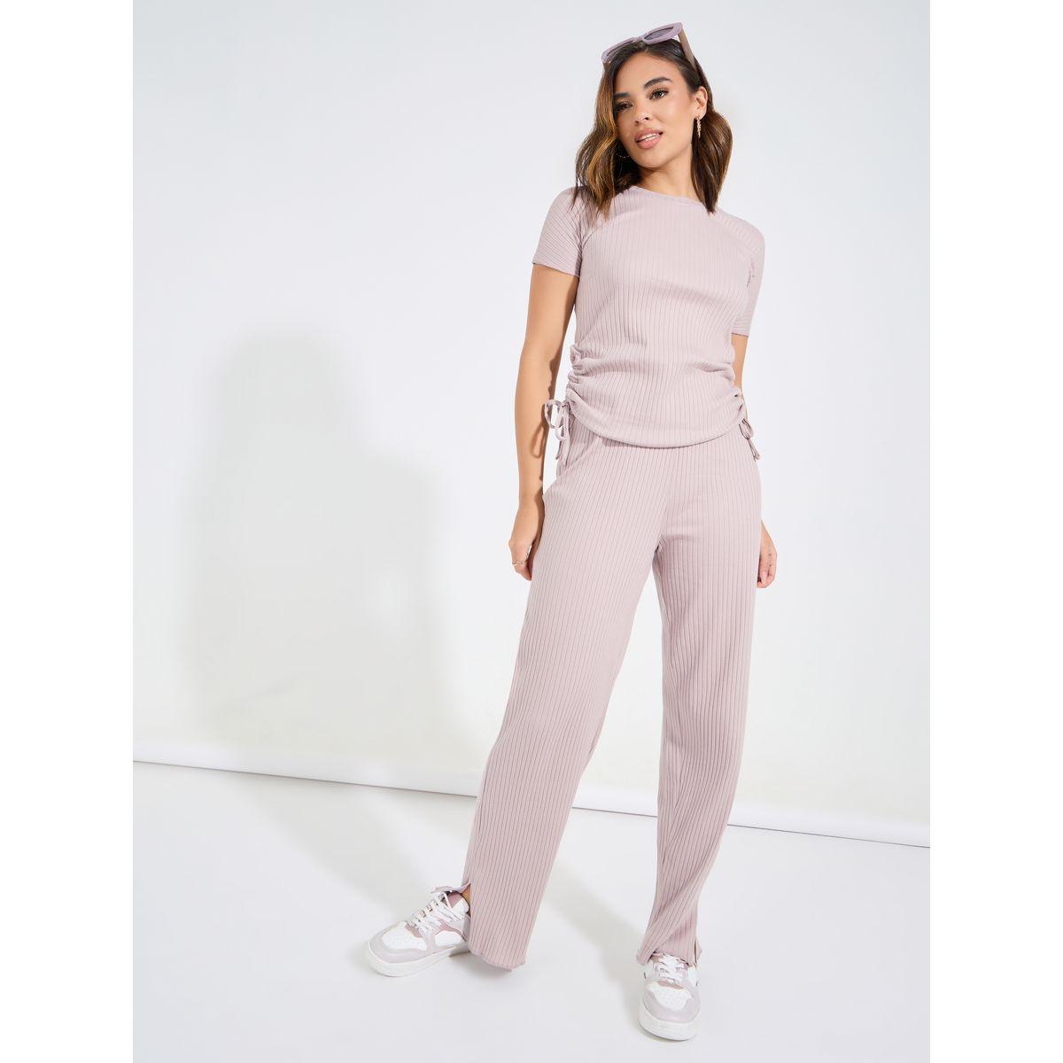 جوغر بارجل واسعة مع تيشيرت بتفاصيل مزمومة-women-clothing-coordsets-image-2