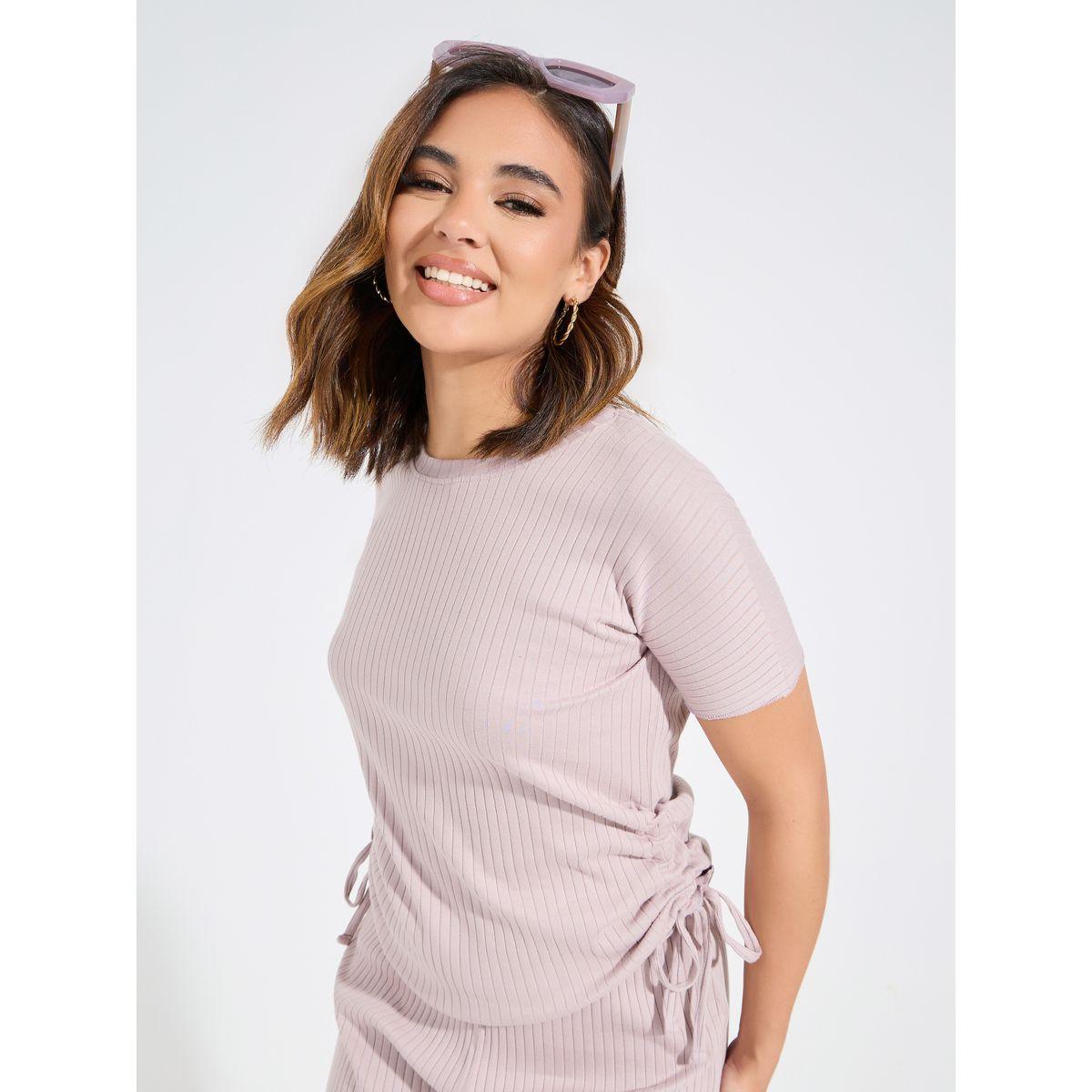 جوغر بارجل واسعة مع تيشيرت بتفاصيل مزمومة-women-clothing-coordsets-image-3