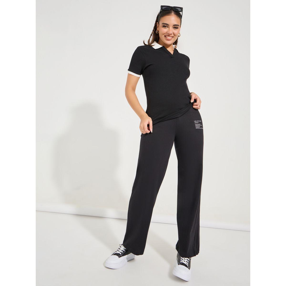 Styli Contrast Collar Rib Polo T-Shirt & Wide Leg Joggers Co-Ords-women-clothing-coordsets-image-1