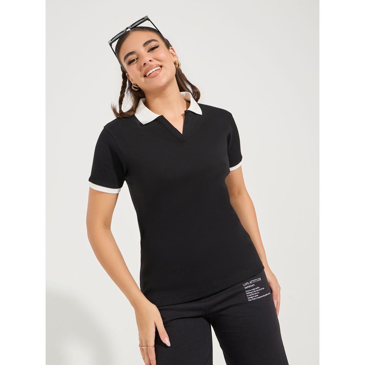 Styli Contrast Collar Rib Polo T-Shirt & Wide Leg Joggers Co-Ords-women-clothing-coordsets-image-2