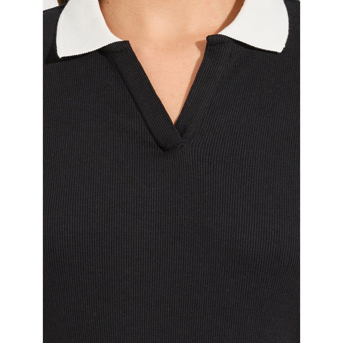 Styli Contrast Collar Rib Polo T-Shirt & Wide Leg Joggers Co-Ords-women-clothing-coordsets-image-3