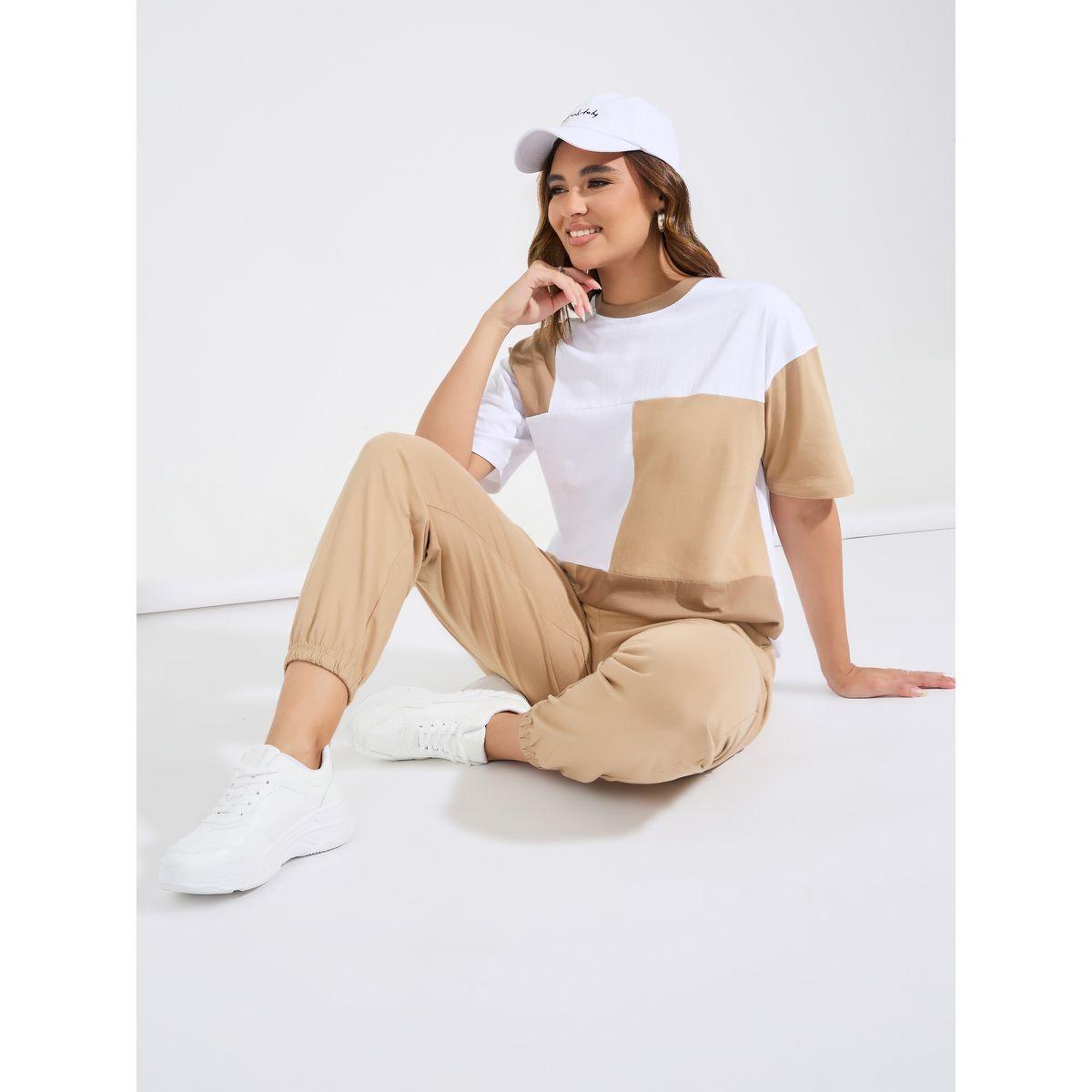 Styli Color Block Patch Oversized T-Shirt & Cuffed Joggers Co-Ords-women-clothing-coordsets-image-1