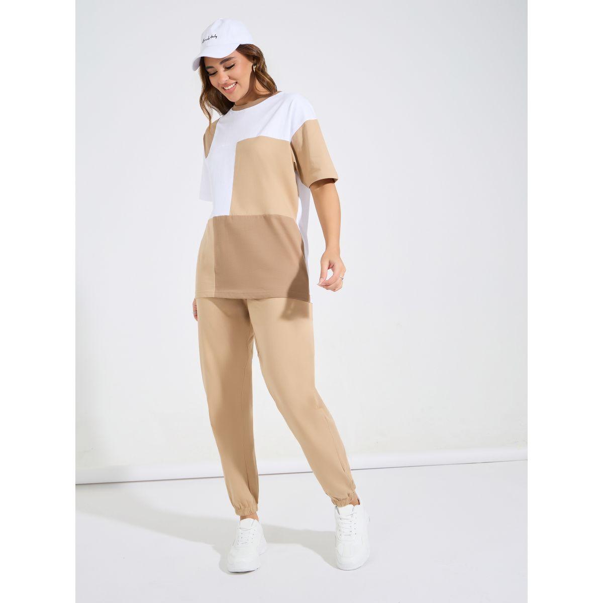 Styli Color Block Patch Oversized T-Shirt & Cuffed Joggers Co-Ords-women-clothing-coordsets-image-2