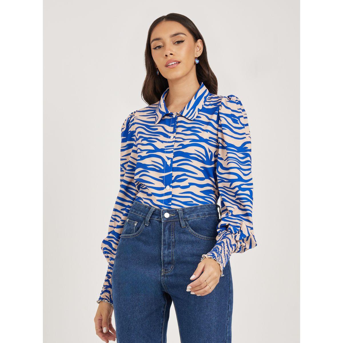 بلوزة بقصة عادية وطبعة حيوان مع اكمام مكبلة-women-clothing-shirtsandblouses-shirts-image-1