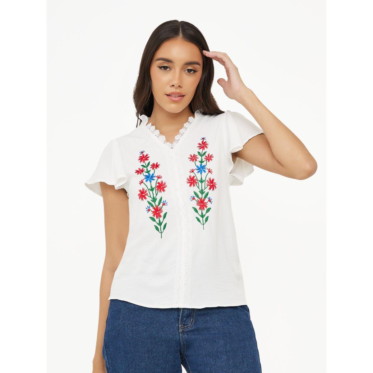 Styli Embroidery Detail Notched Neck Top-women-clothing-shirtsandblouses-blouses-image-1
