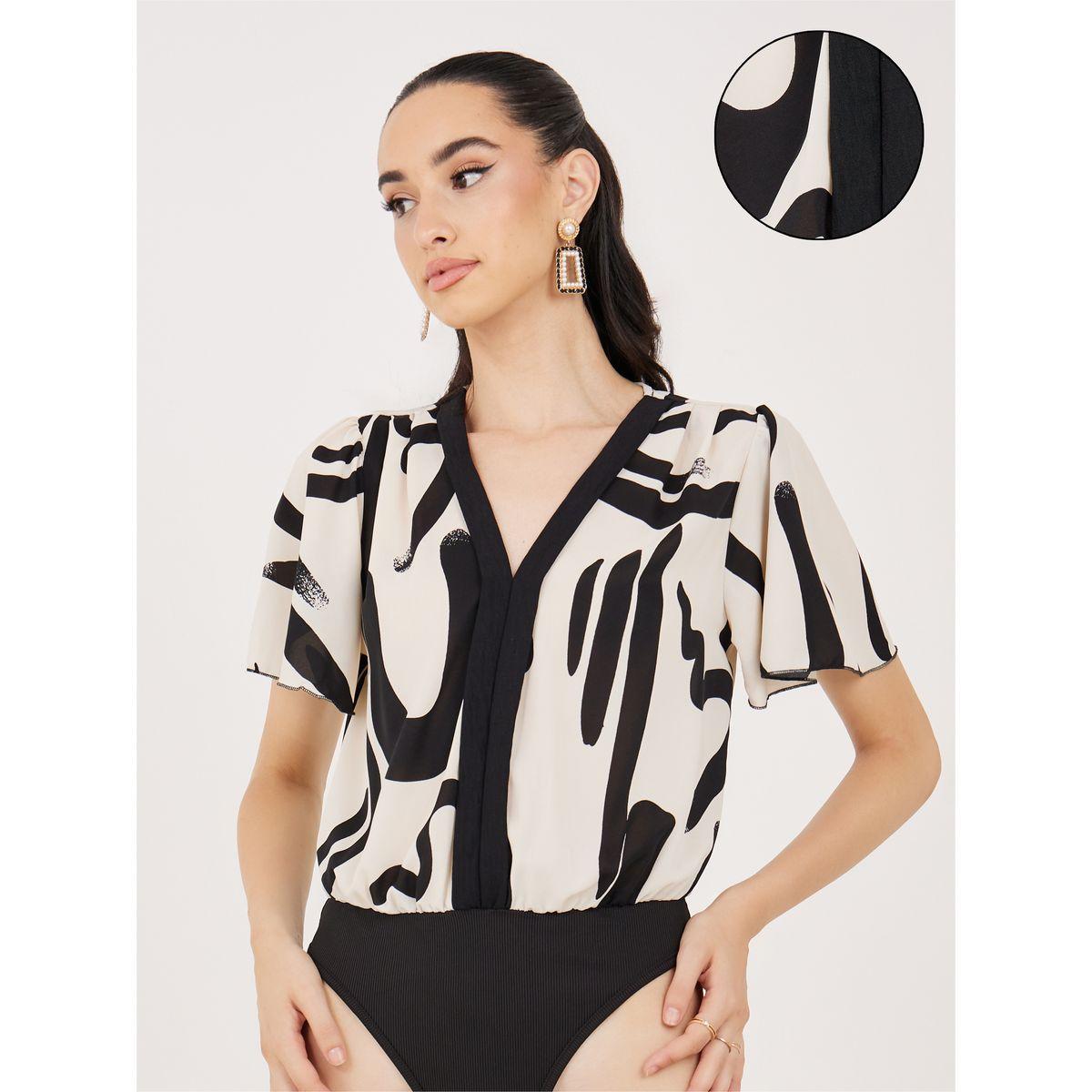 Styli V Neck Graphic Print Bodysuit with Frill Sleeves-women-clothing-tshirts-image-1