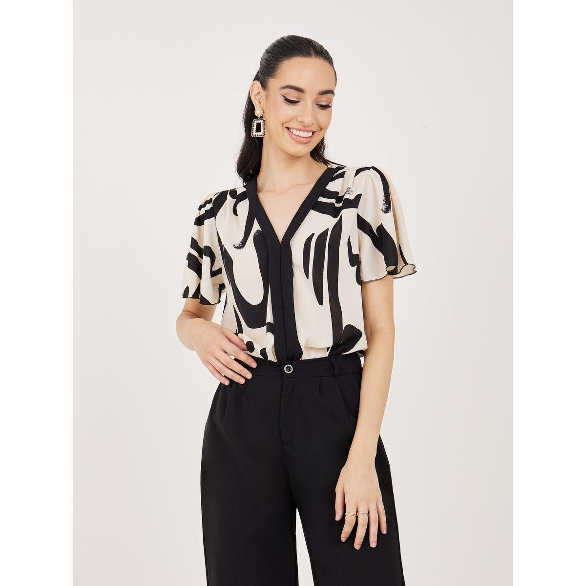 Styli V Neck Graphic Print Bodysuit with Frill Sleeves-women-clothing-tshirts-image-2