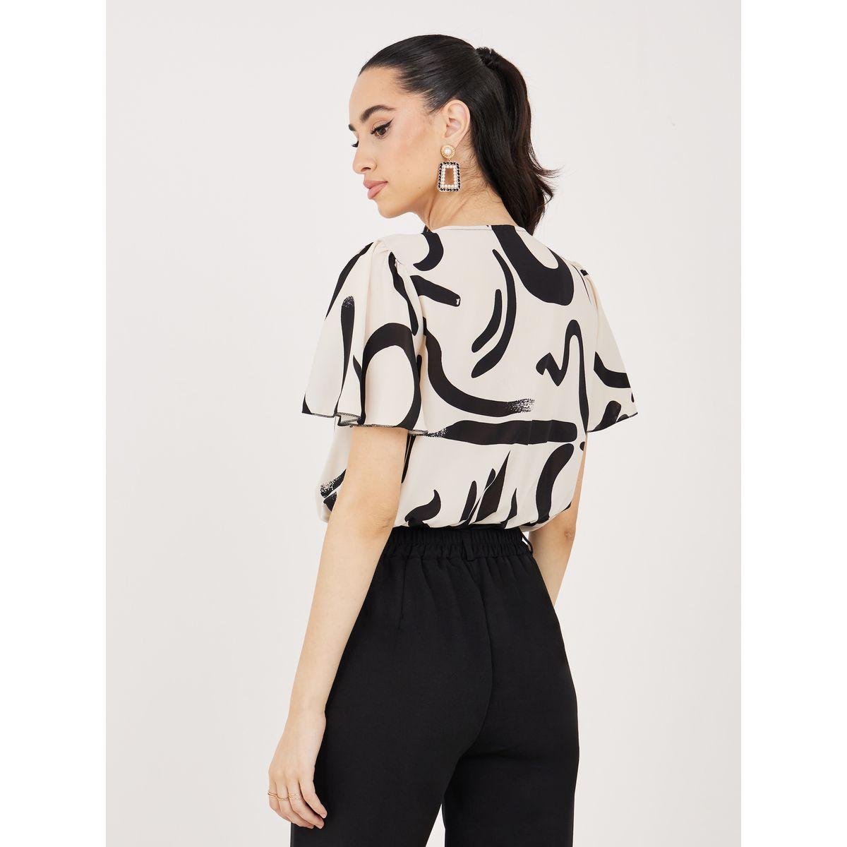 Styli V Neck Graphic Print Bodysuit with Frill Sleeves-women-clothing-tshirts-image-5