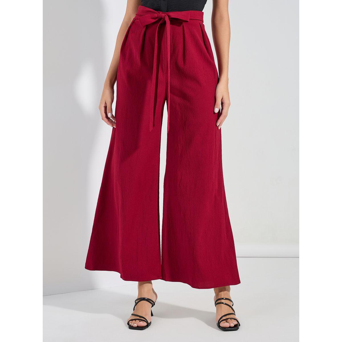 Styli Solid Wide Leg Pants with Tie-Up Belt-women-clothing-bottoms-trousers-image-1