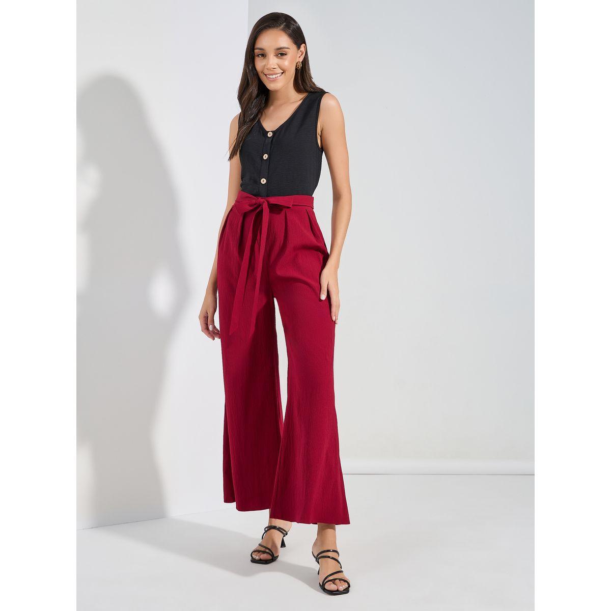 Styli Solid Wide Leg Pants with Tie-Up Belt-women-clothing-bottoms-trousers-image-2
