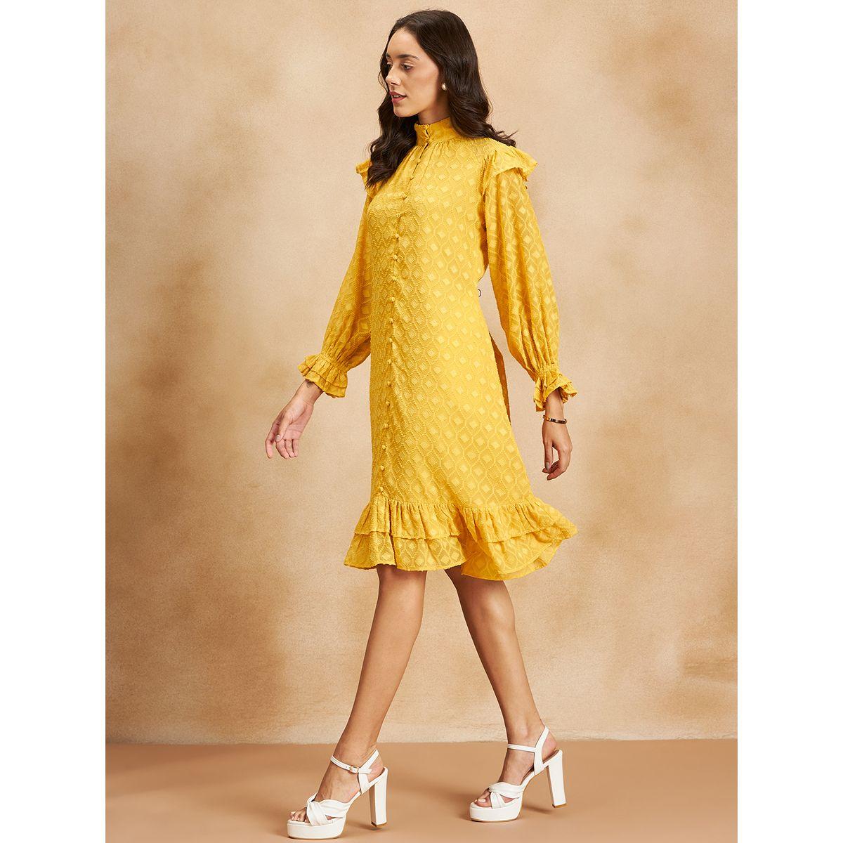 Femmella X Styli  Dobby High Neck A-Line Knee Length Dress-women-clothing-dresses-image-4