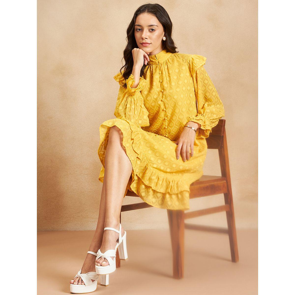 Femmella X Styli  Dobby High Neck A-Line Knee Length Dress-women-clothing-dresses-image-6