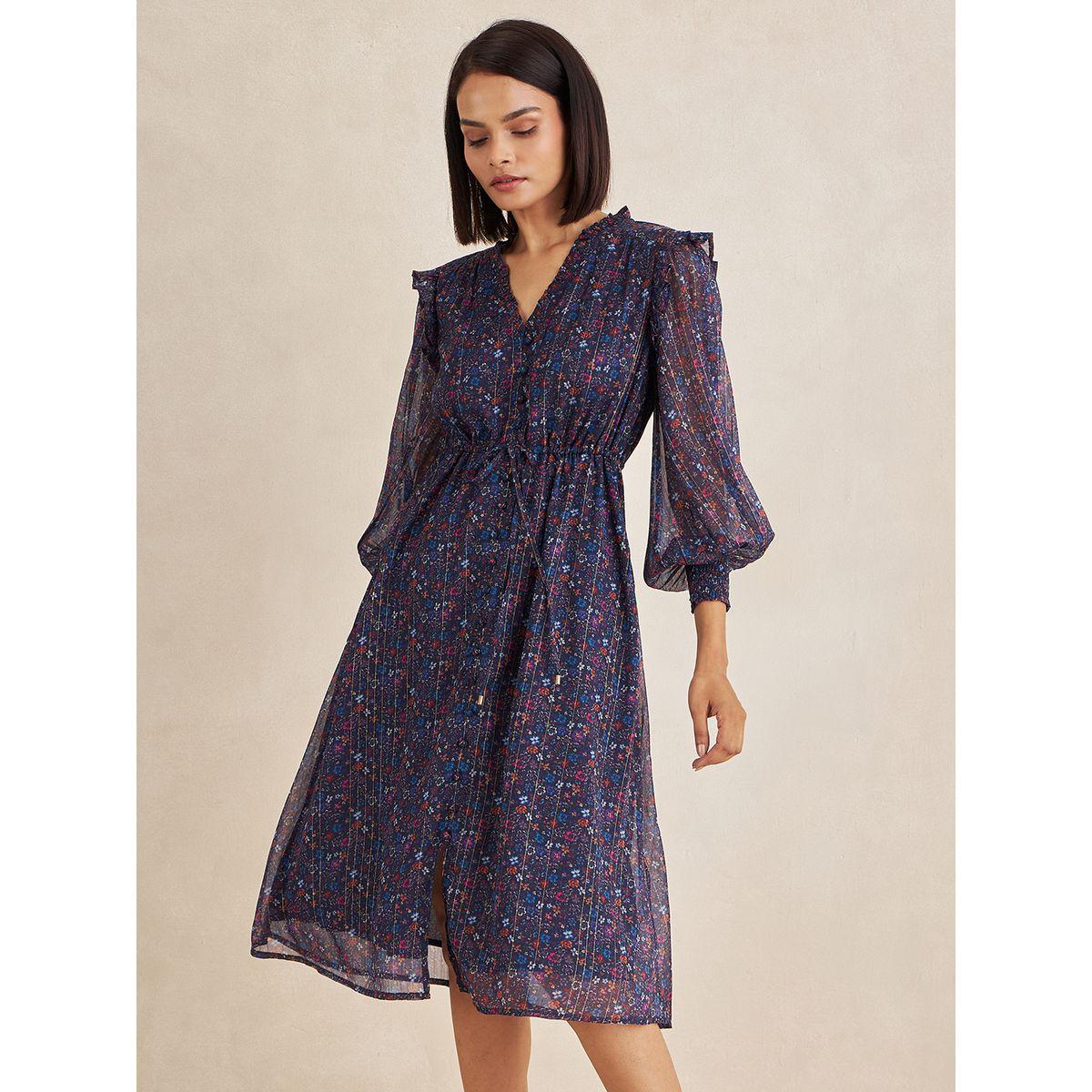 Femmella X Styli  Lurex Floral Print Button Down Midi Dress-women-clothing-dresses-image-1