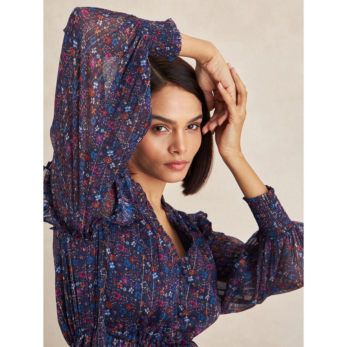 Femmella X Styli  Lurex Floral Print Button Down Midi Dress-women-clothing-dresses-image-3
