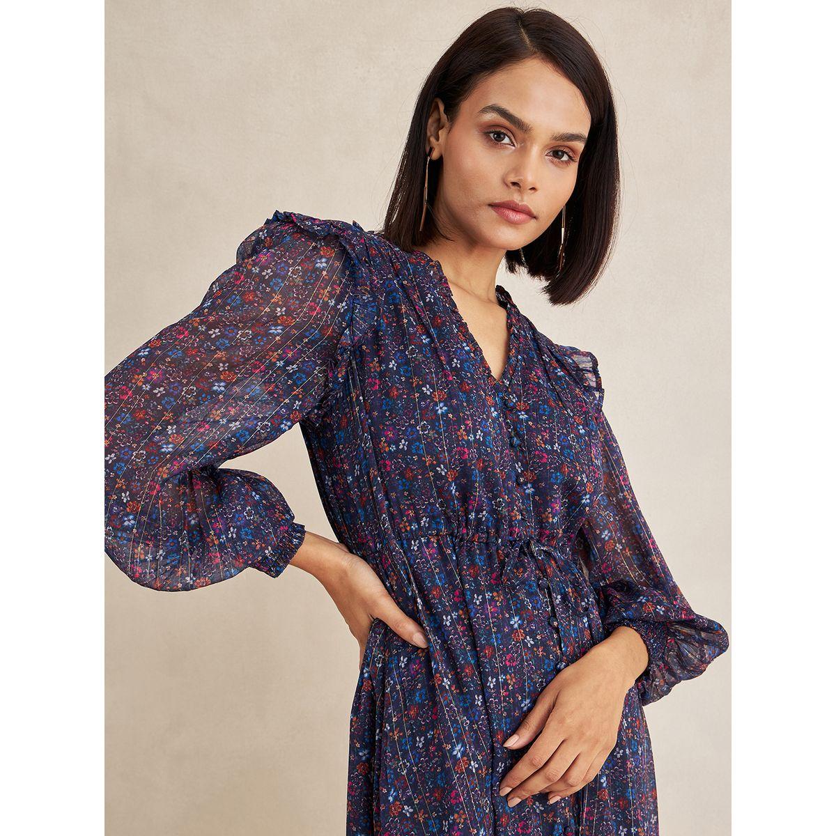 Femmella X Styli  Lurex Floral Print Button Down Midi Dress-women-clothing-dresses-image-4