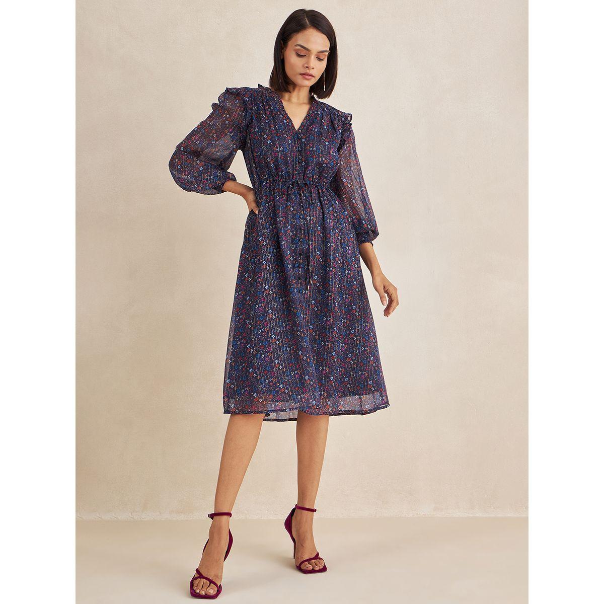 Femmella X Styli  Lurex Floral Print Button Down Midi Dress-women-clothing-dresses-image-6