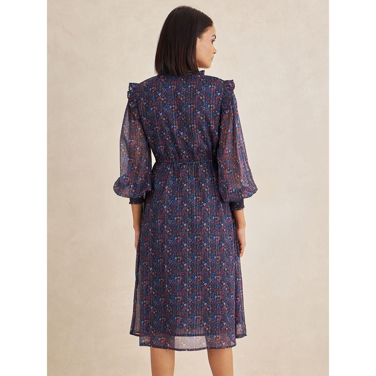 Femmella X Styli  Lurex Floral Print Button Down Midi Dress-women-clothing-dresses-image-7