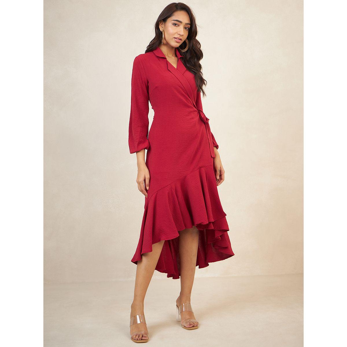 Femmella X Styli  Frill High Low Hem Wrap Midi Dress-women-clothing-dresses-image-1