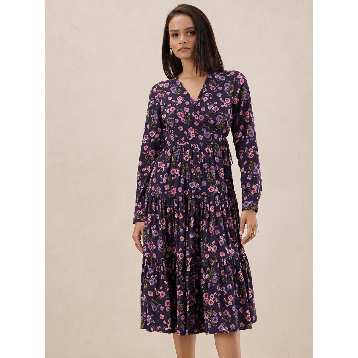 فستان ميدي مطبع بزهور مع نمط لف فِميلا × ستايلي-women-clothing-dresses-image-1