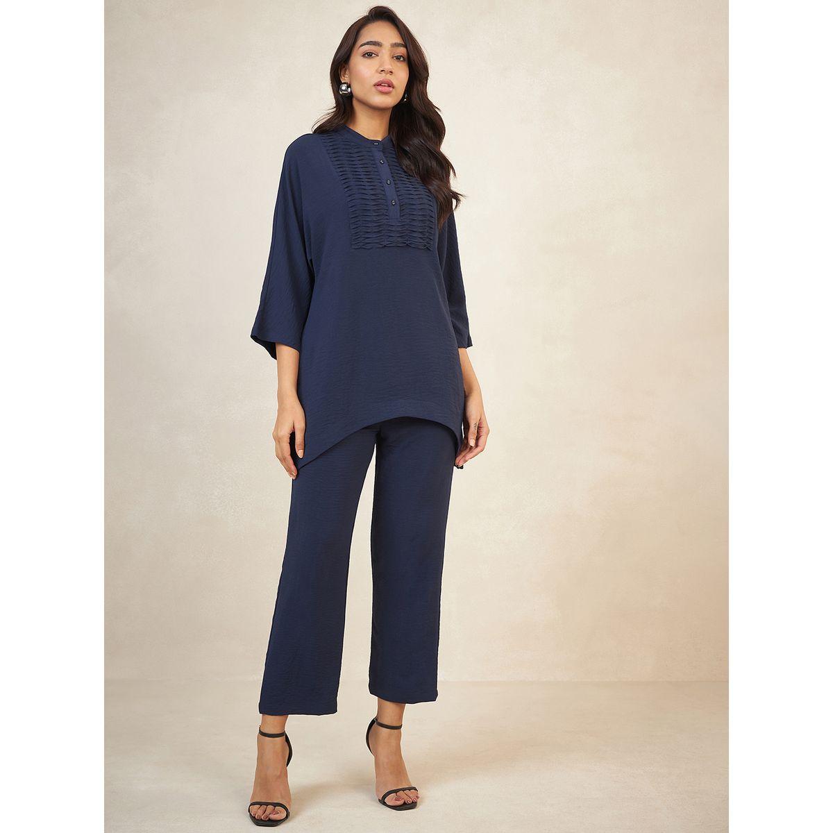Femmella X Styli  Pintuck Detail Longline Top & Straight Pants Co-Ords-women-clothing-coordsets-image-1