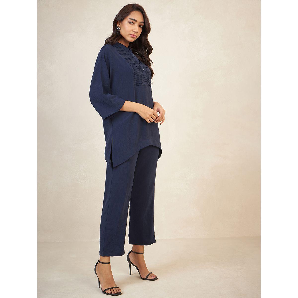 Femmella X Styli  Pintuck Detail Longline Top & Straight Pants Co-Ords-women-clothing-coordsets-image-2