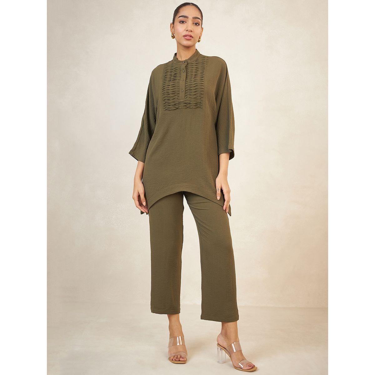 Femmella X Styli  Pintuck Detail Longline Top & Straight Pants Co-Ords-women-clothing-coordsets-image-1