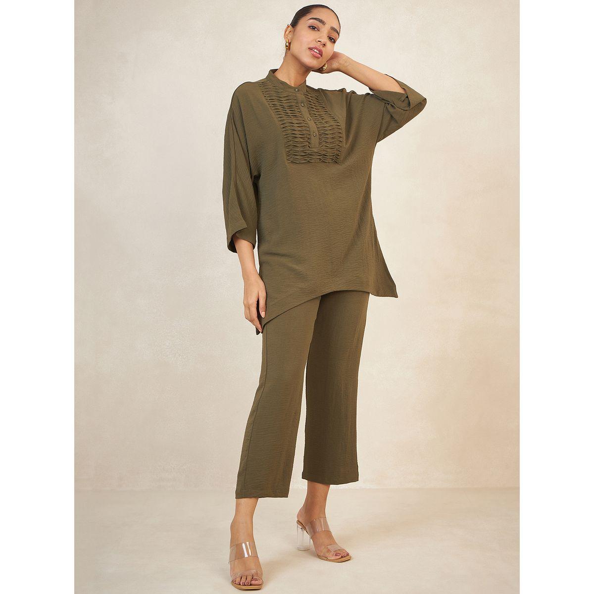 Femmella X Styli  Pintuck Detail Longline Top & Straight Pants Co-Ords-women-clothing-coordsets-image-7