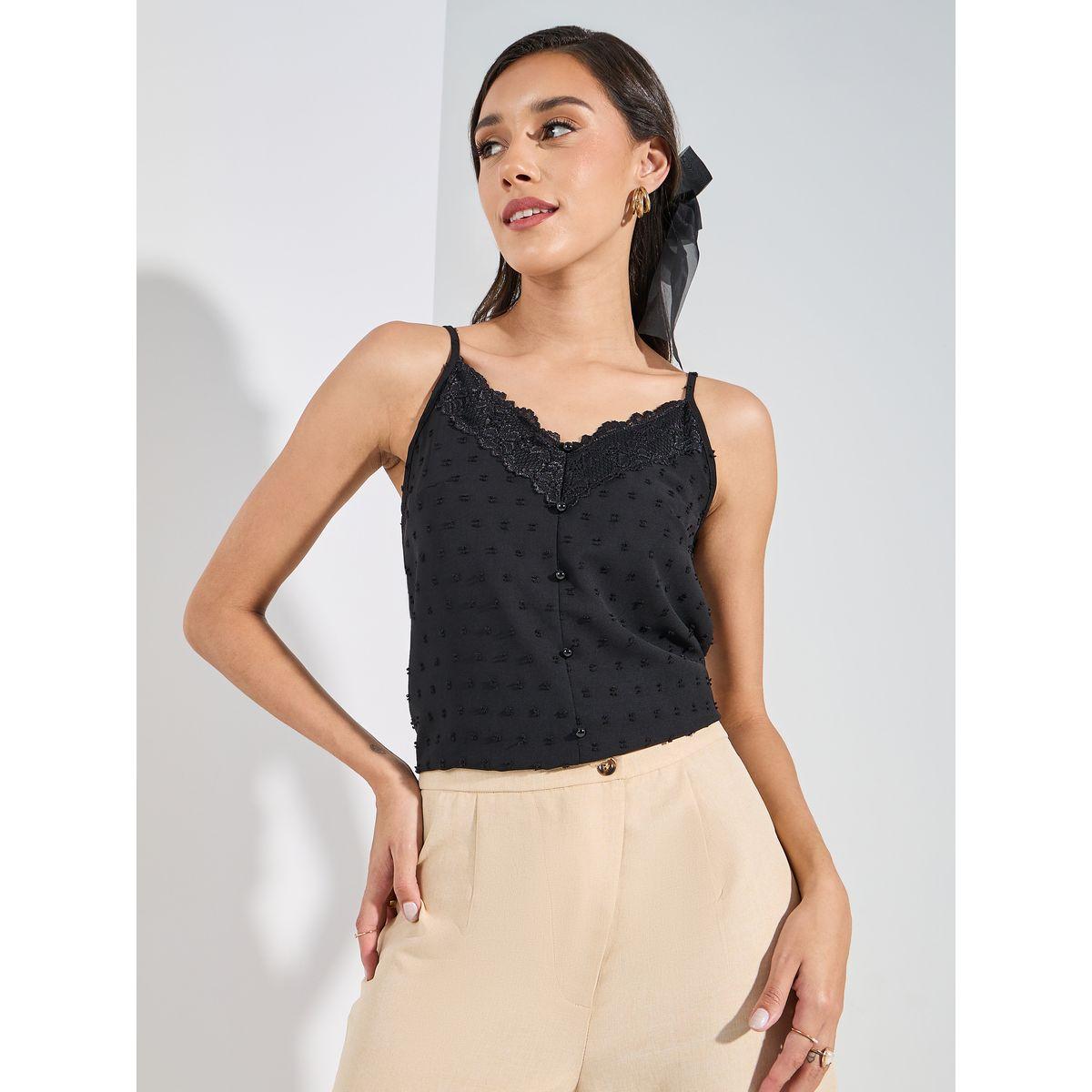 بلوزة كامي بتفاصيل دوبي مع دانتيل-women-clothing-tshirts-image-1