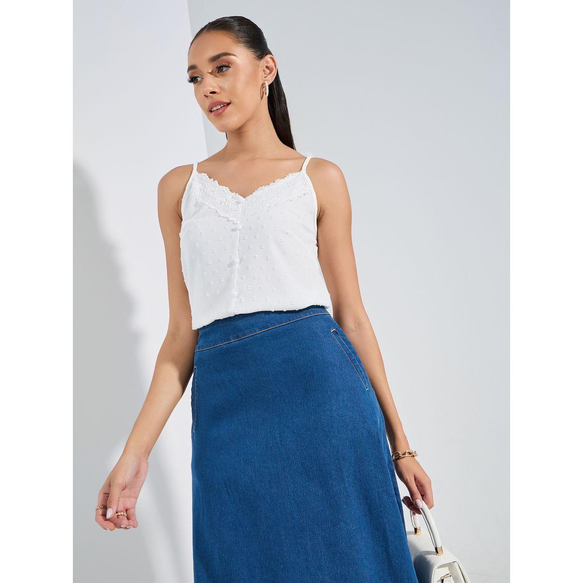 بلوزة كامي مزينة بخيوط دوبي مع دانتيل-women-clothing-tshirts-image-1