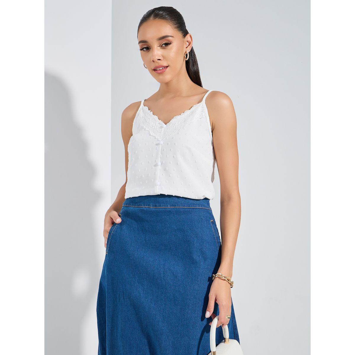 Styli Dobby Style Cami with Lace Detail & V-Neck-women-clothing-tshirts-image-3