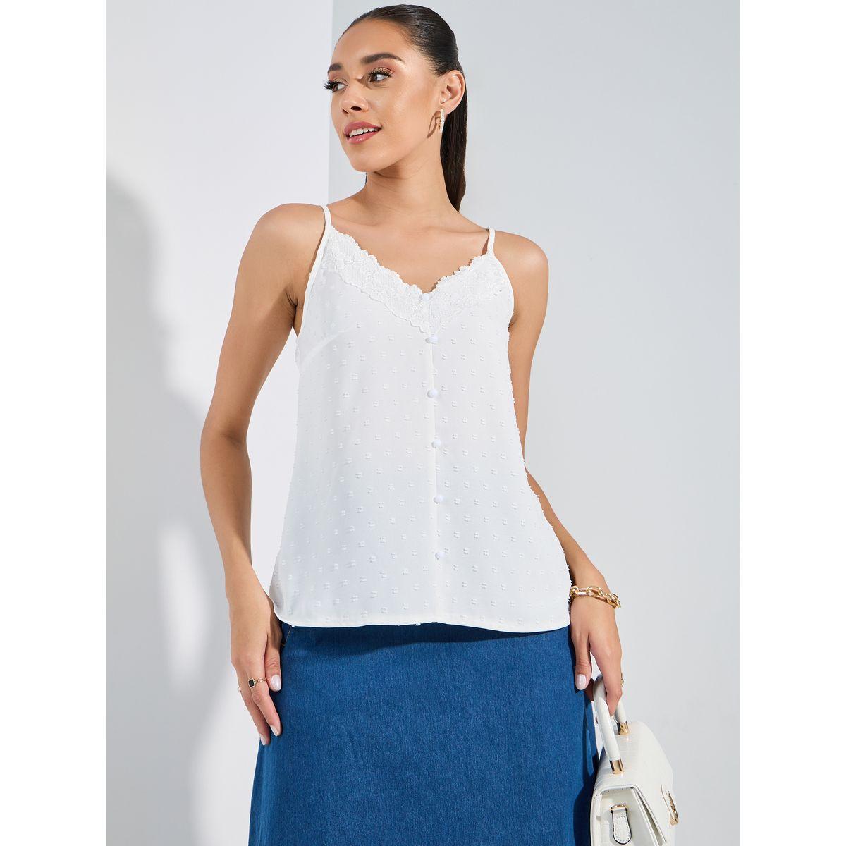 Styli Dobby Style Cami with Lace Detail & V-Neck-women-clothing-tshirts-image-4