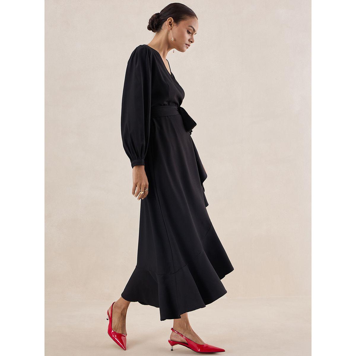 فستان طويل سادة بنمط لف مع حزام فِميلا × ستايلي-women-clothing-dresses-image-2