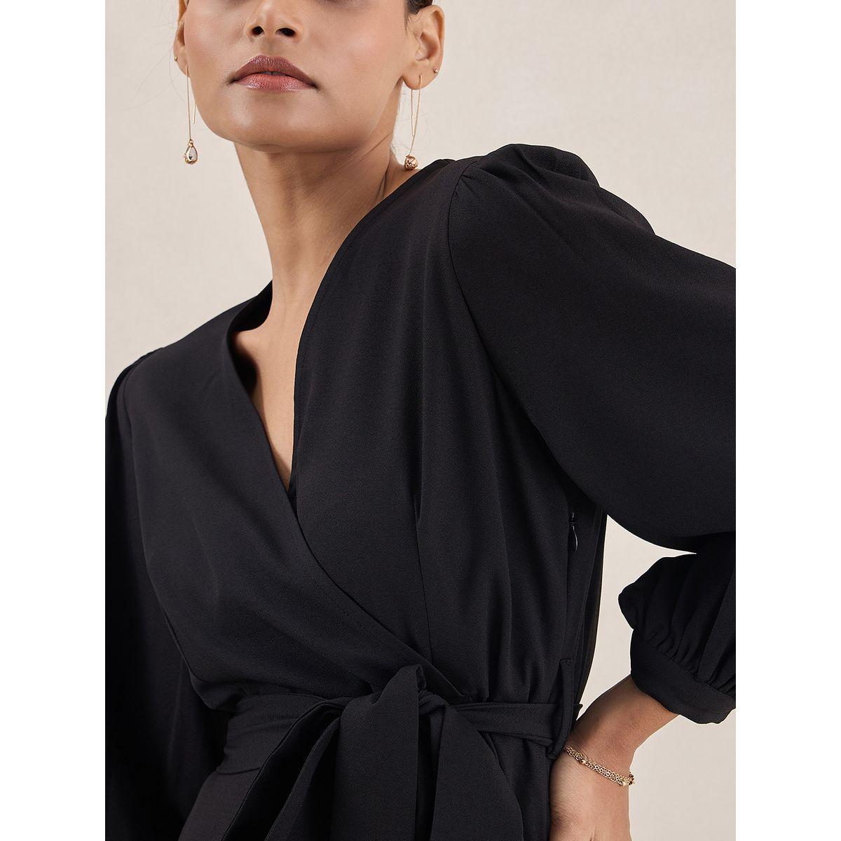 فستان طويل سادة بنمط لف مع حزام فِميلا × ستايلي-women-clothing-dresses-image-3
