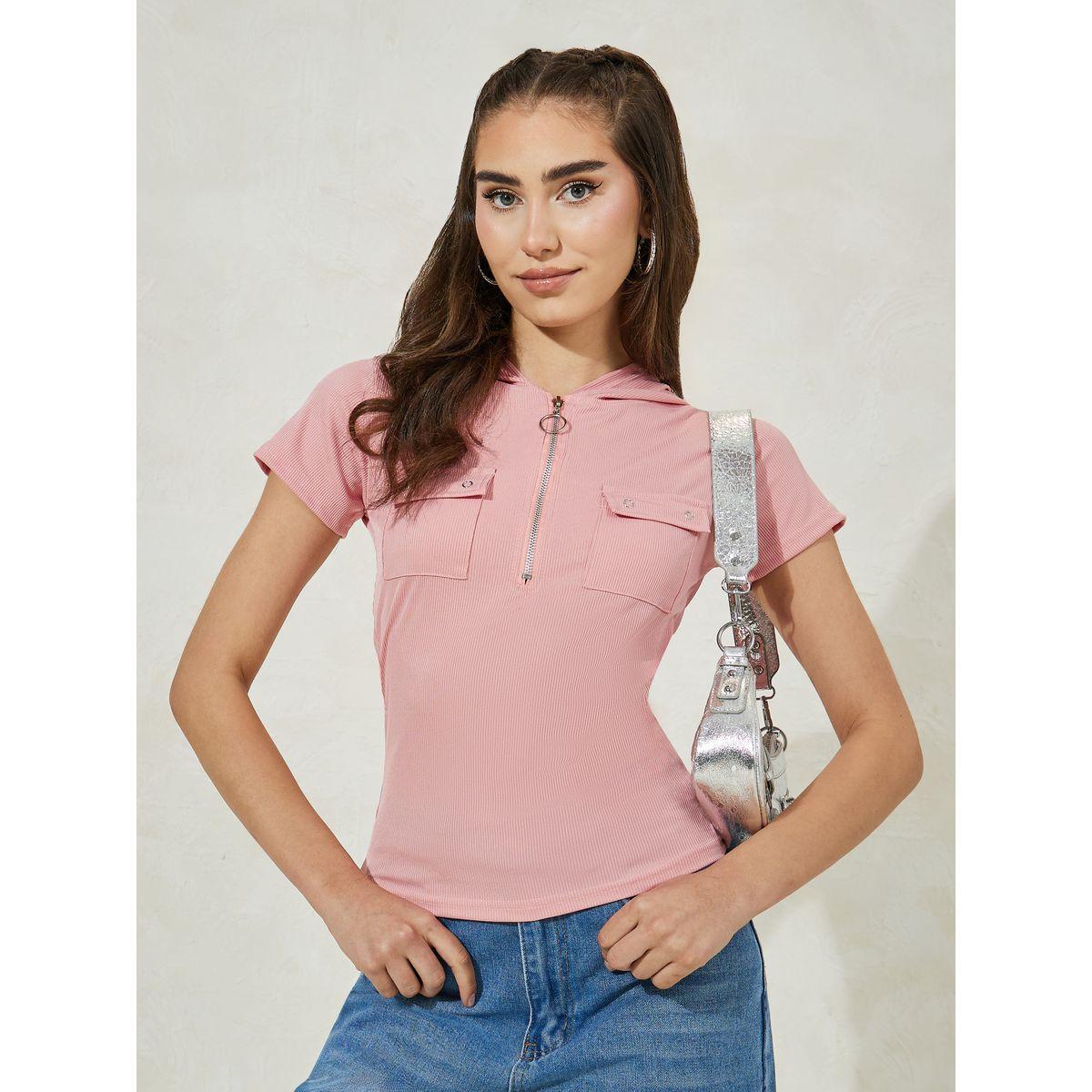 Styli Ribbed Fitted Polo T-Shirt with Flap Pocket-women-clothing-tshirts-image-1