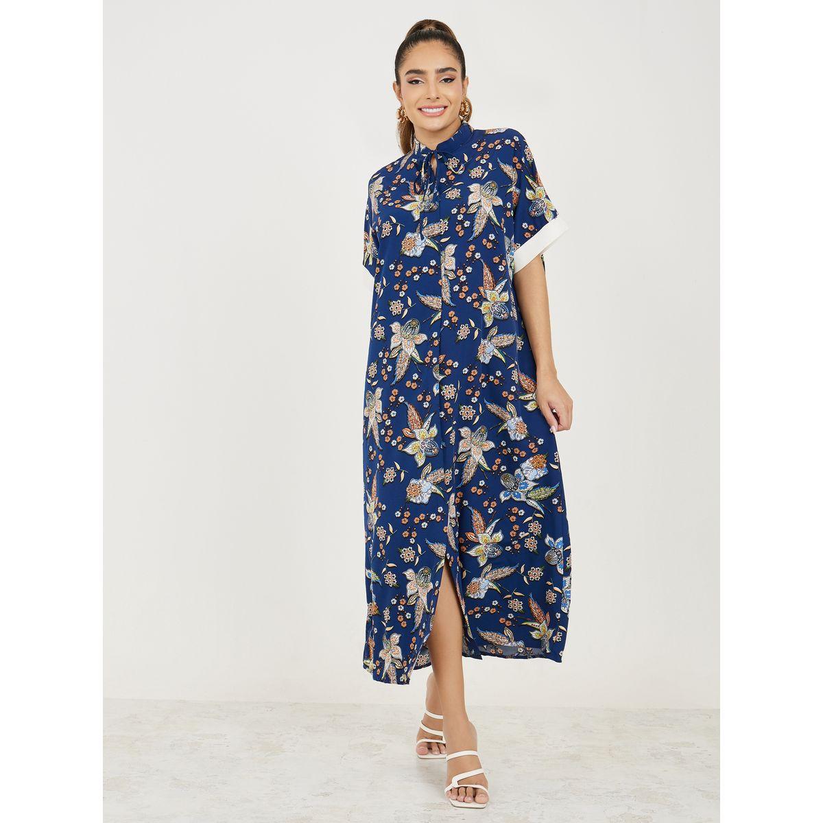 Styli Bohemian All Over Print Tie Up Neck Shirt Maxi Dress-women-clothing-dresses-image-1
