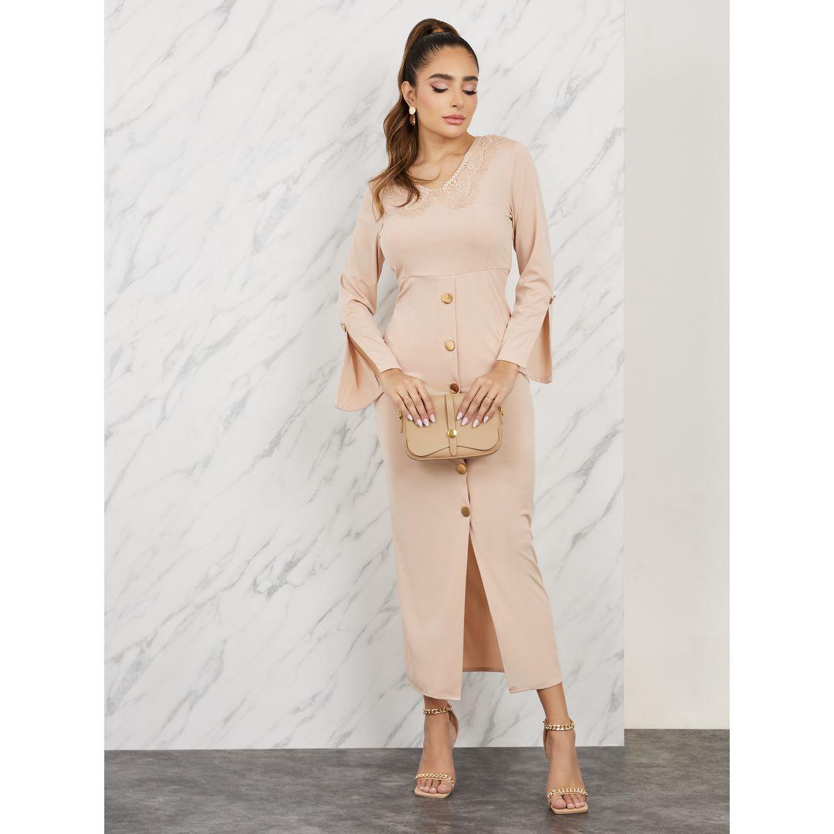 Styli Lace Trim Neck Button Detail Front Slit Maxi Dress-women-clothing-dresses-image-1