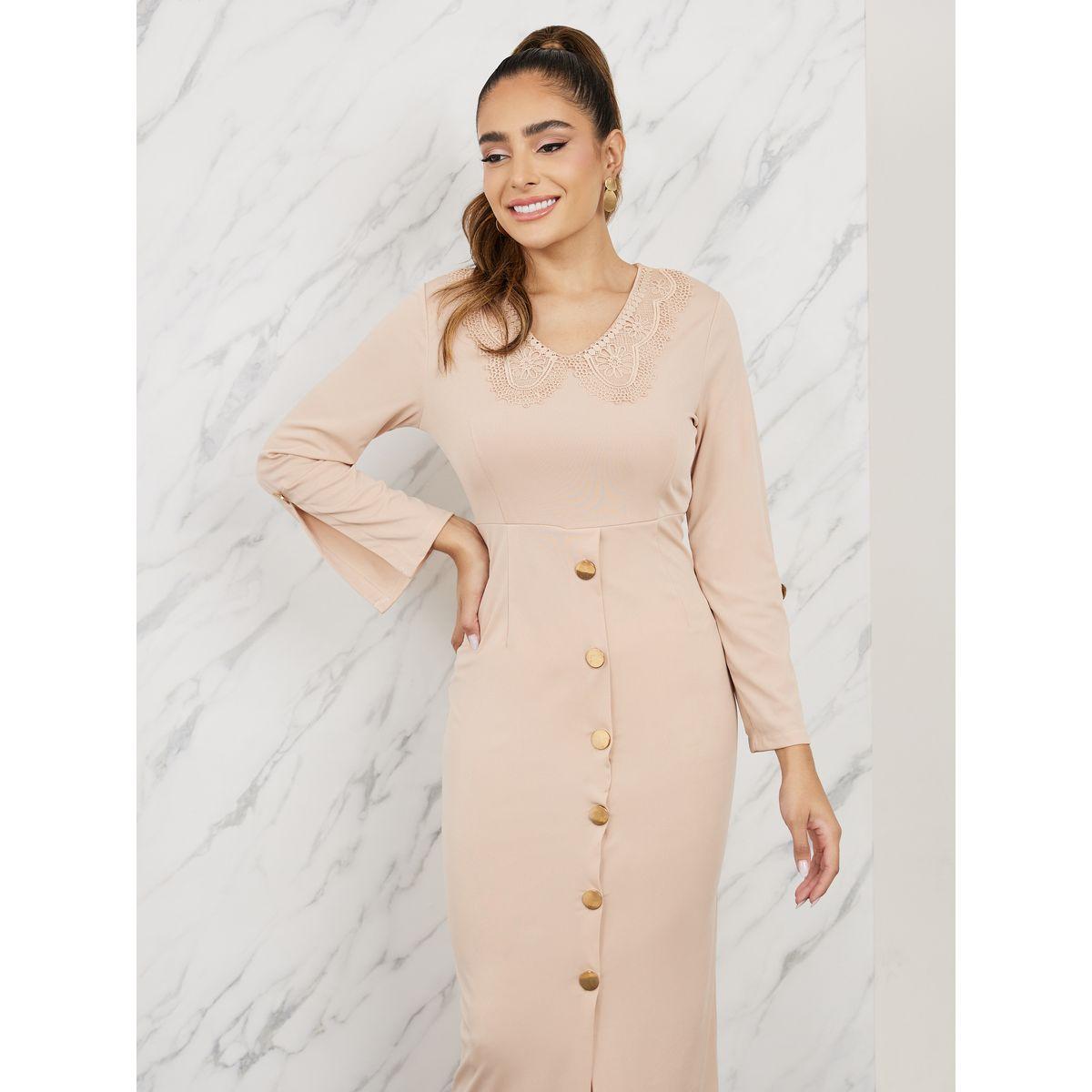 Styli Lace Trim Neck Button Detail Front Slit Maxi Dress-women-clothing-dresses-image-2