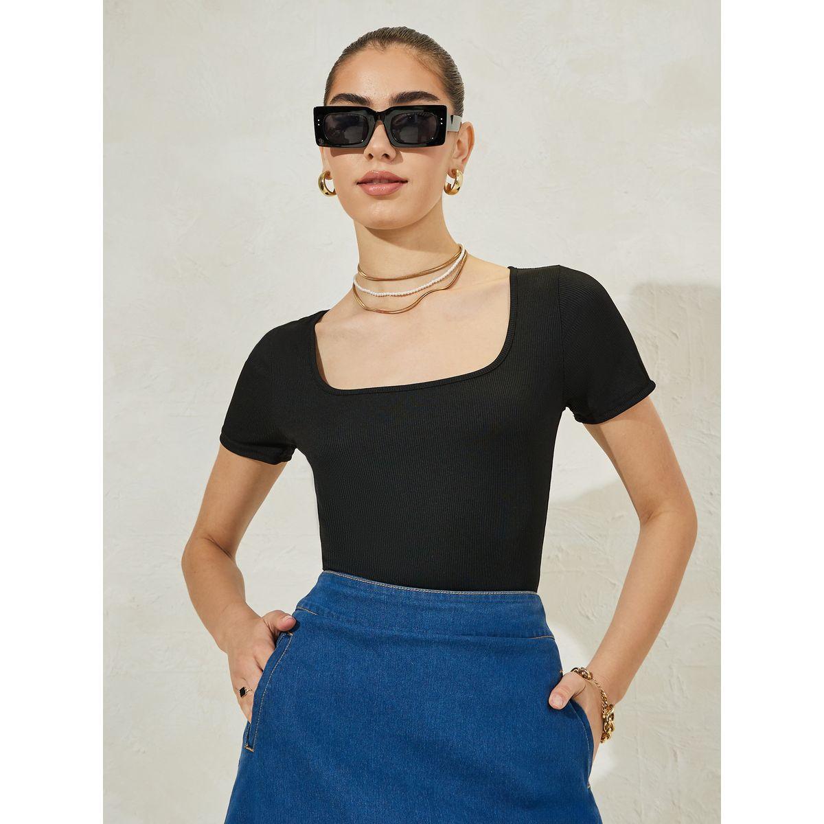 بودي سوت سادة مضلع مع ياقة واسعة-women-clothing-tshirts-image-2