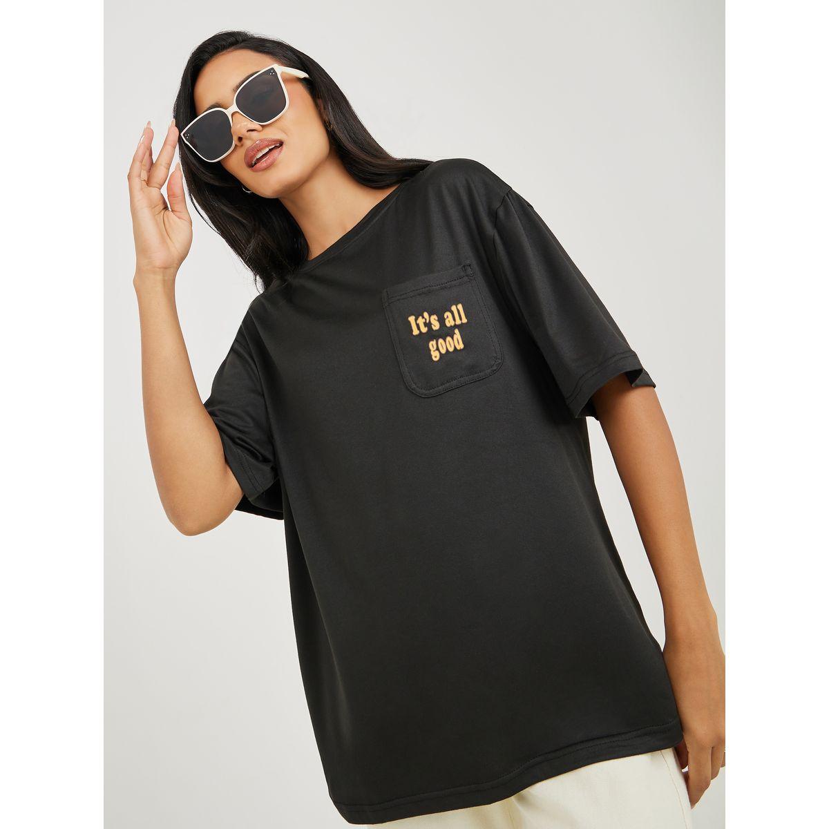 Styli Oversized Front Slogan Pocket Detail Longline T-Shirt-women-clothing-tshirts-image-1
