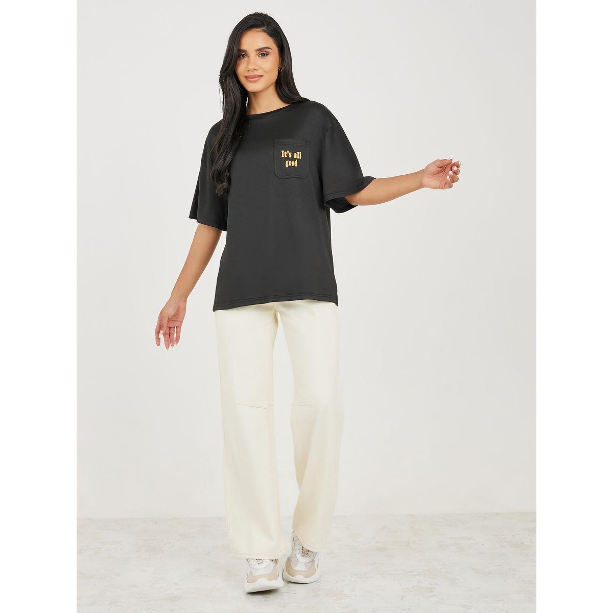 Styli Oversized Front Slogan Pocket Detail Longline T-Shirt-women-clothing-tshirts-image-2