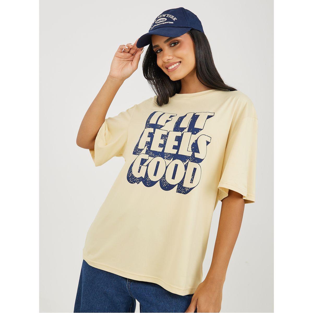 Styli Oversized Feels Good Slogan Drop Shoulder T-Shirt-women-clothing-tshirts-image-1