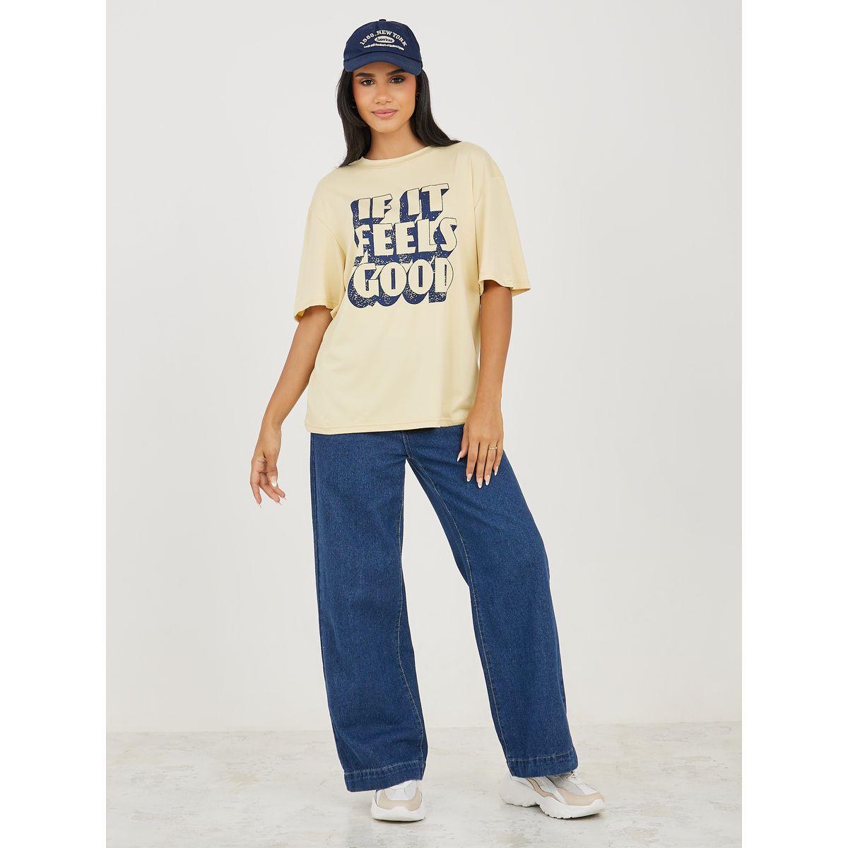 Styli Oversized Feels Good Slogan Drop Shoulder T-Shirt-women-clothing-tshirts-image-2