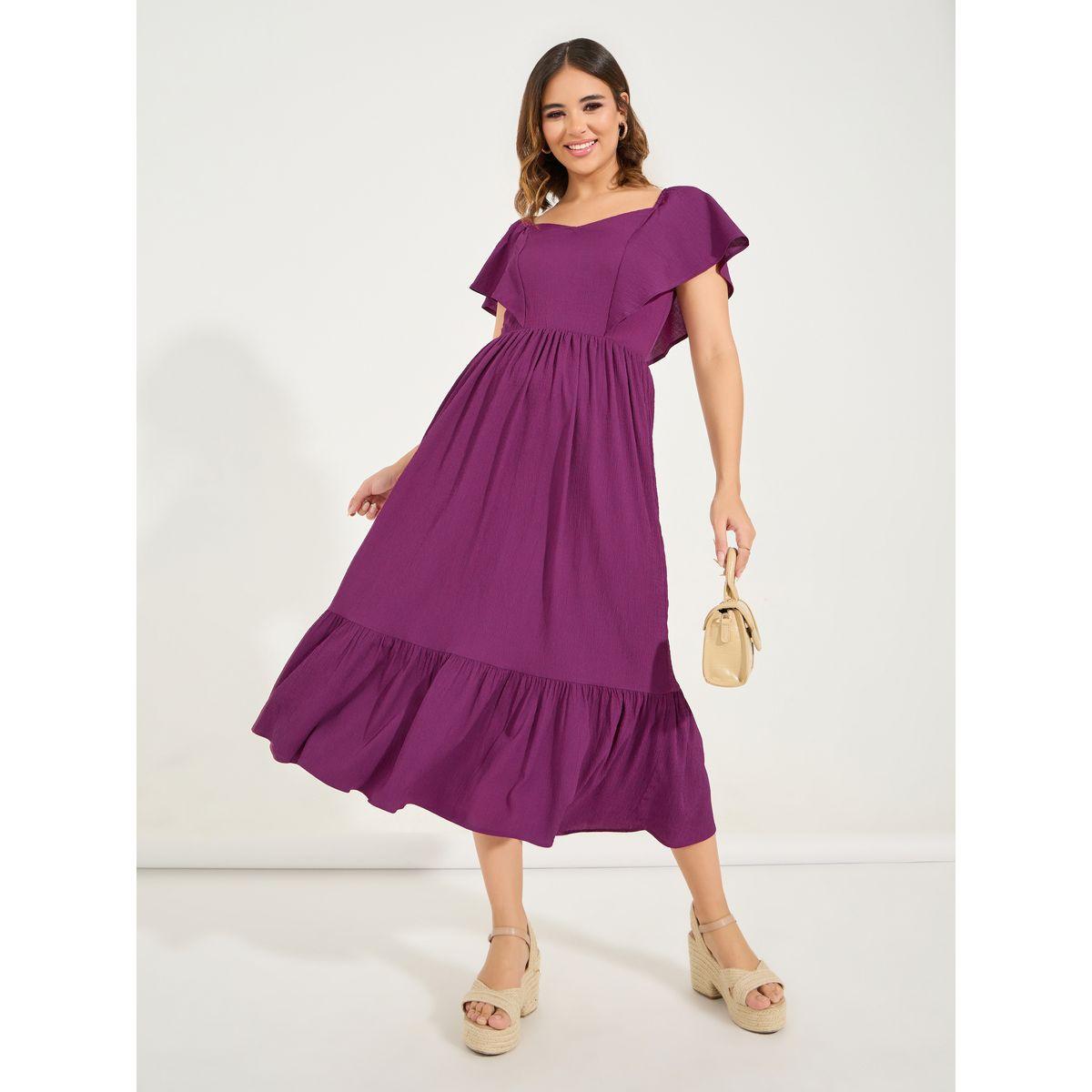 فستان ميدي بحافة واسعة وكتاف مزينة بكشكش-women-clothing-dresses-image-4